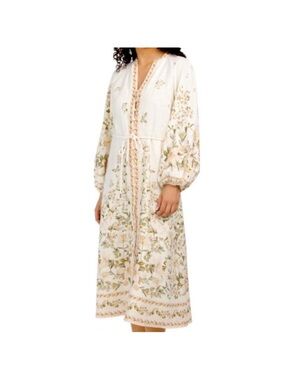 Calypso Linen Blend Long Sleeve Floral Printed midi Dress